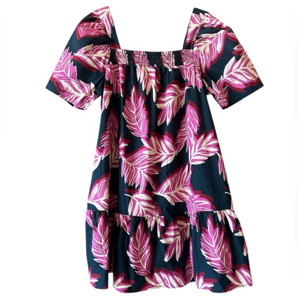 Who What Wear Pink and Black Tropical Leaf Print Dress